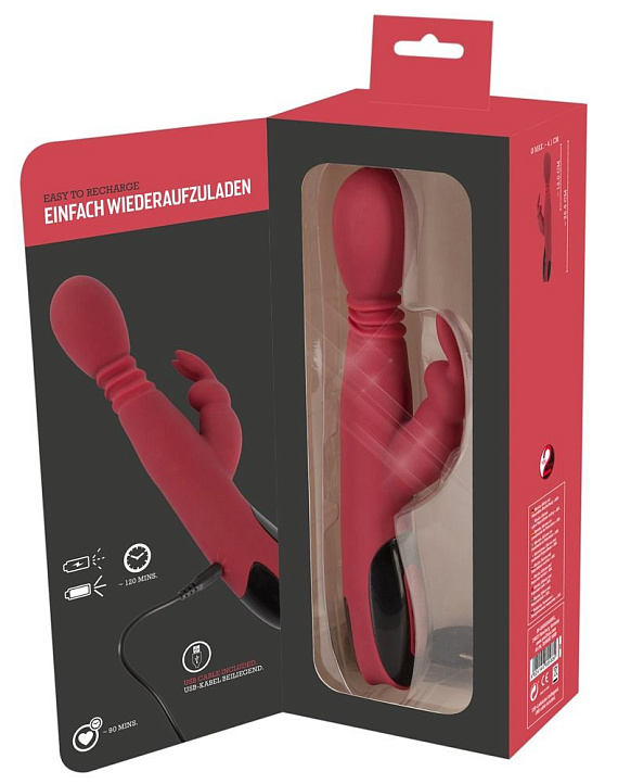 Красный вибромассажер с клиторальным отростком Rabbit Vibrator - 26,5 см. - силикон