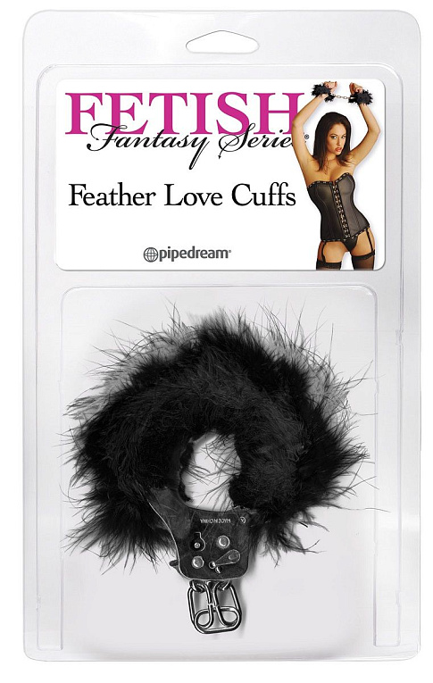 Металлические наручники Feather Love Cuffs с черным пухом от Intimcat