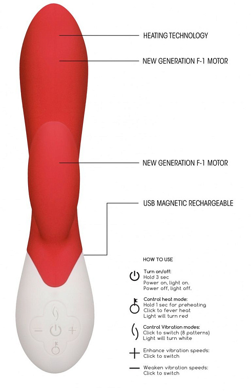 Красный вибратор-кролик Passion с функцией нагрева - 20 см. от Intimcat