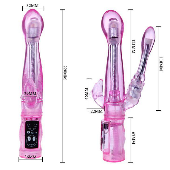 Розовый вибратор с анальным и клиторальным отростками Intimate Tease - 22 см. Baile