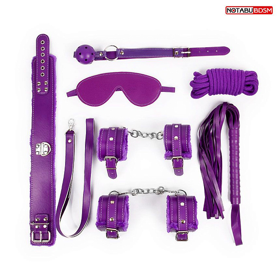 Большой набор БДСМ в фиолетовом цвете: маска, кляп, плётка, ошейник, наручники, оковы, верёвка - поливинилхлорид (ПВХ, PVC)