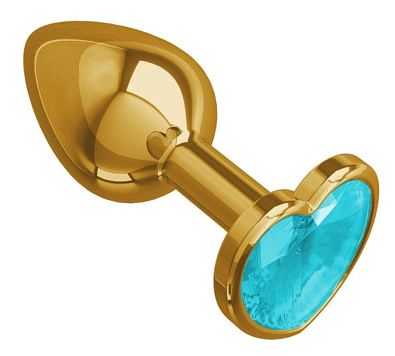 Золотистая анальная втулка с голубым кристаллом-сердцем - 7 см. - металл
