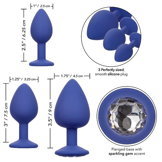 Набор из трёх синих анальных пробок с кристаллом Cheeky Gems - силикон