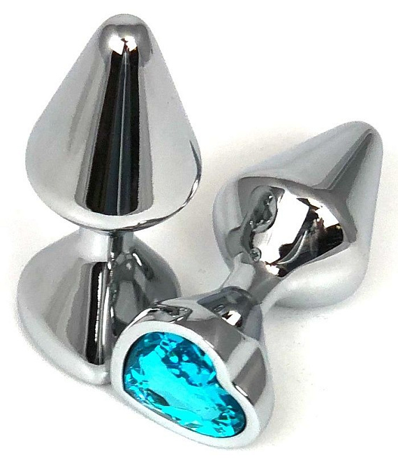 Серебристая анальная пробка с голубым кристаллом-сердцем - 8 см.