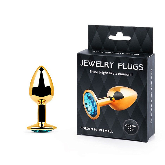 Золотистая анальная пробка с голубым стразом - 7,2 см. Anal Jewelry Plug