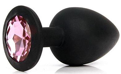 Черная силиконовая анальная пробка с розовым стразом - 9,5 см.