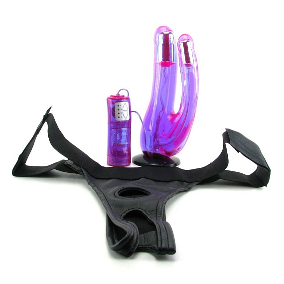 Фиолетовый двойной страпон с вибрацией Double Penetrator Vibe Strap-On - 19 см. - фото 5