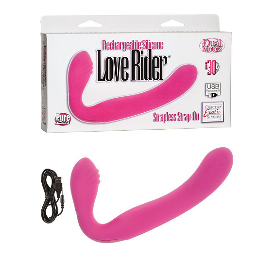 Розовый перезаряжаемый водонепроницаемый страпон Rechargeable Silicone Love Rider Strapless Strap-On - силикон