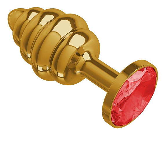 Золотистая пробка с рёбрышками и красным кристаллом - 7 см. - металл
