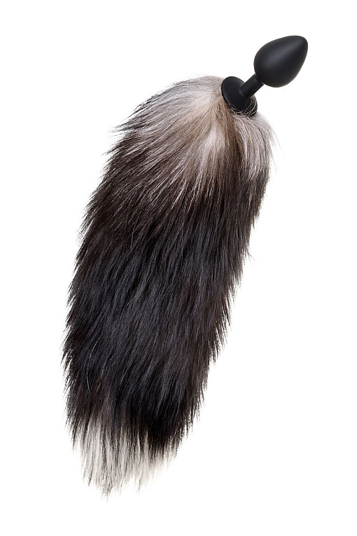 Черная анальная втулка с хвостом чернобурой лисы - размер М - силикон, мех натуральный