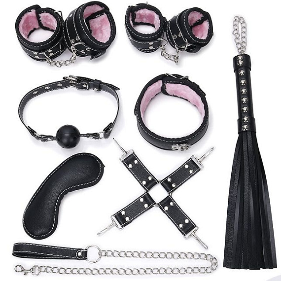 Пикантный черно-розовый набор БДСМ: маска, ошейник, кляп, фиксатор, наручники, оковы, плеть