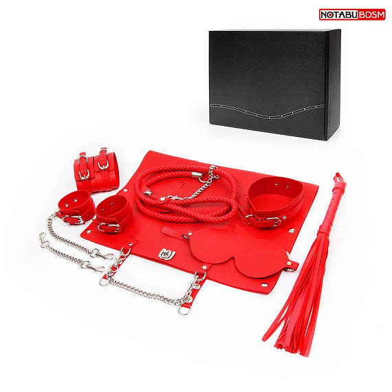 Красный набор БДСМ в сумке: маска, ошейник с поводком, наручники, оковы, плеть - поливинилхлорид (ПВХ, PVC)
