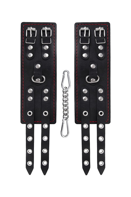 Черные кожаные наручники с двумя ремнями и подкладкой - фото 5