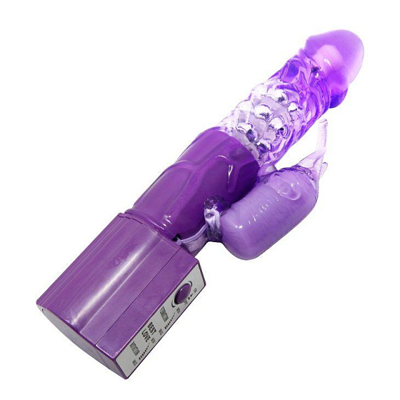 Фиолетовый вибратор с бусинами и клиторальным отростком - 24 см. от Intimcat