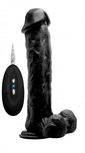 Чёрный вибратор-реалистик Vibrating Realistic Cock 11  With Scrotum - 29,5 см.
