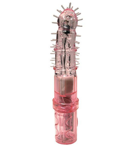Розовый вибратор-ротатор с шипами - 16 см. - силикон