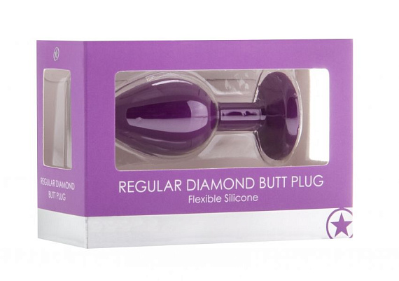 Фиолетовая анальная пробка OUCH! Regular Diamond Butt Plug с прозрачным кристаллом - 7,3 см. - силикон
