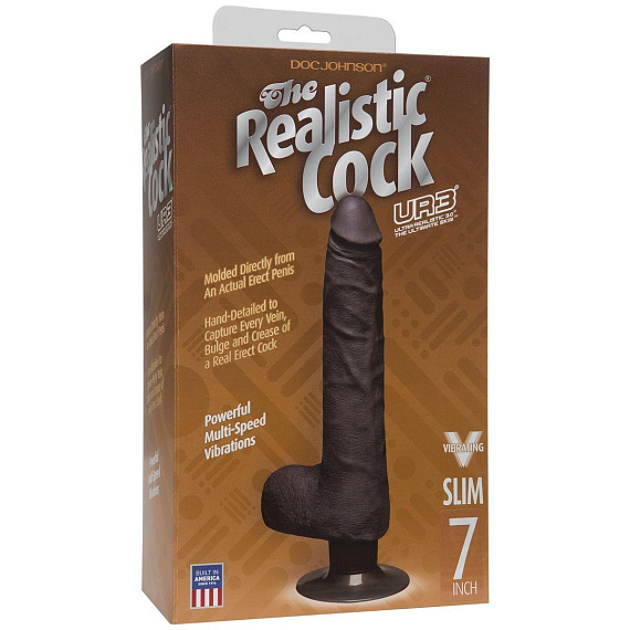 Коричневый вибромассажер The Realistic Cock ULTRASKYN Vibrating 7” Slim - 22,1 см. Doc Johnson