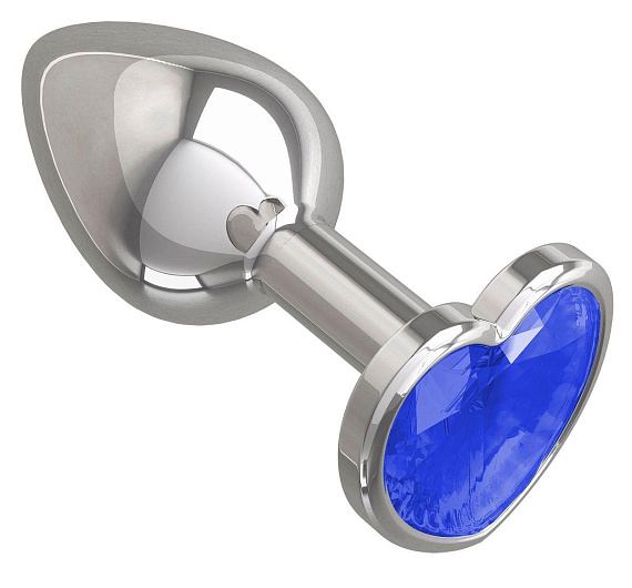 Серебристая анальная втулка с синим кристаллом-сердцем - 7 см. - металл