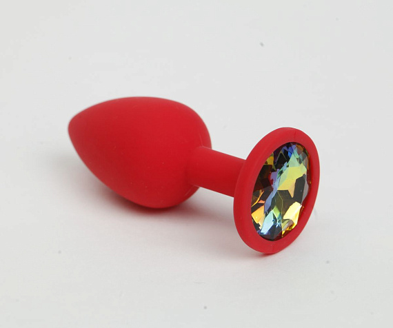 Красная силиконовая анальная пробка с радужным стразом - 7,6 см. - силикон