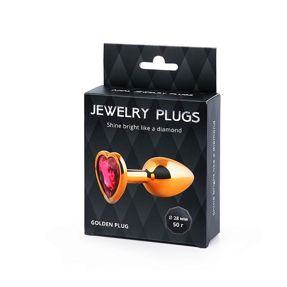 Золотистая анальная пробка с малиновым кристаллом-сердечком - 7 см. Anal Jewelry Plug