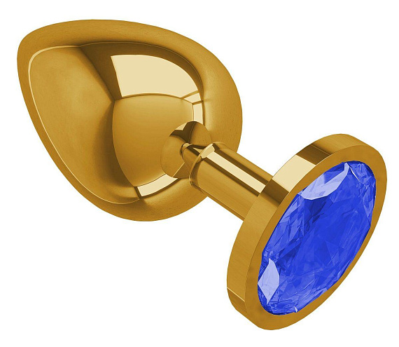 Золотистая большая анальная пробка с синим кристаллом - 9,5 см. - металл