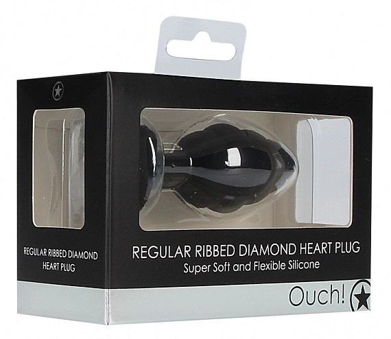Черная анальная пробка Regular Ribbed Diamond Heart Plug - 7 см. - силикон