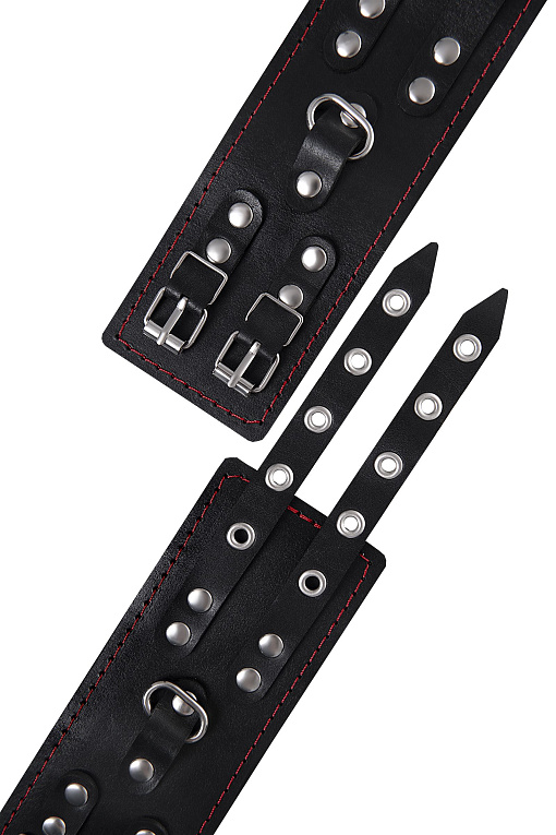 Черные кожаные наручники с двумя ремнями и контрастной строчкой - фото 7