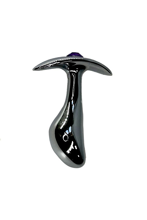 Серебристая изогнутая анальная пробка для ношения c фиолетовым кристаллом - 8 см. - металл