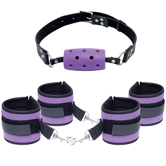Набор Purple Pleasure Set: наручники, наножники и кляп - нейлон