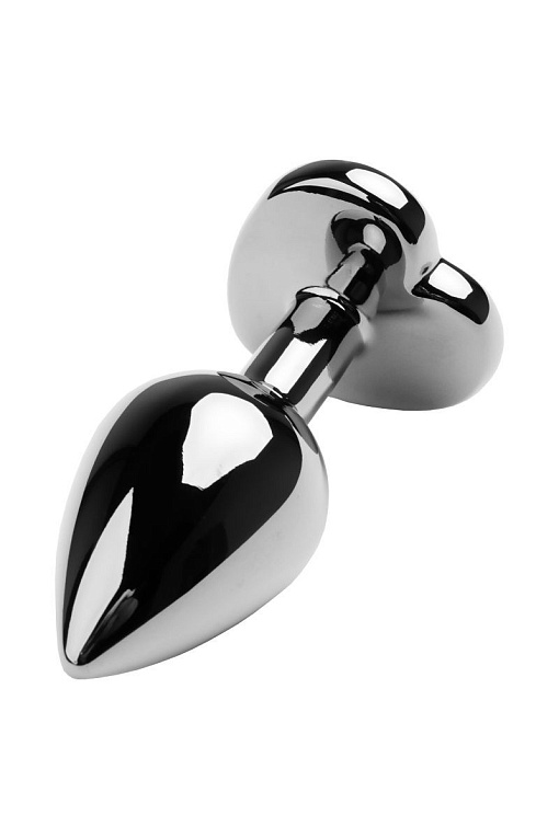 Серебристая коническая анальная пробка с черным кристаллом-сердечком - 7 см. - металл