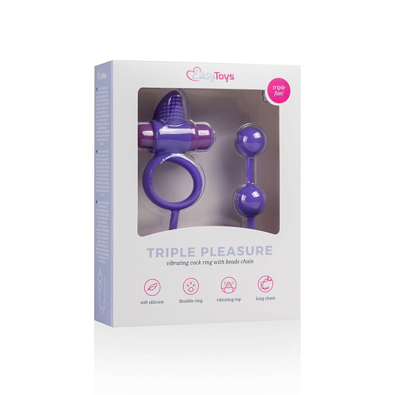 Фиолетовое эрекционное виброкольцо с анальной цепочкой Triple Pleasure от Intimcat