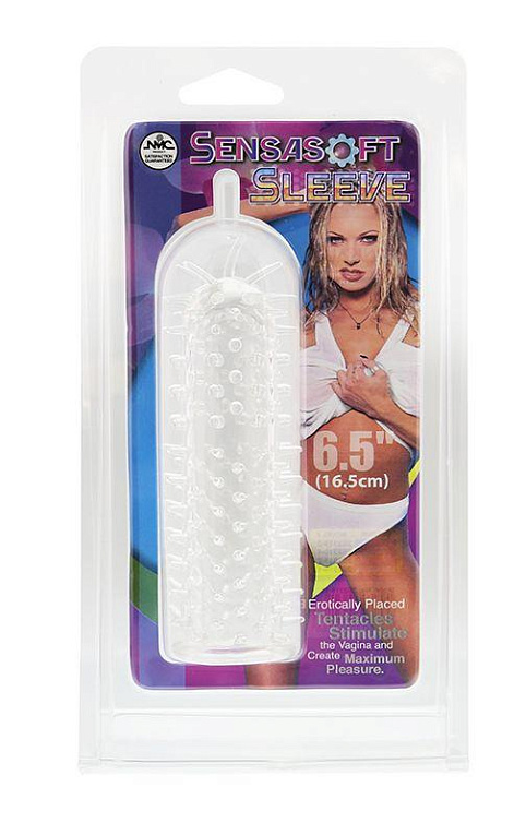 Прозрачная эластичная насадка на пенис с шипами SENSASOFT SLEEVE CLEAR - Термопластичная резина (TPR)