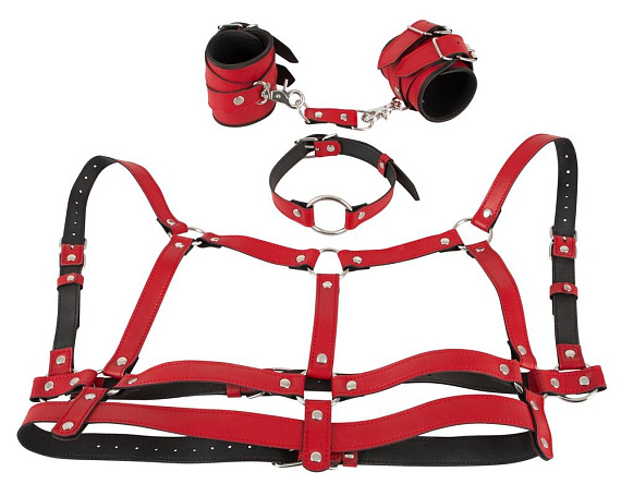 Красный комплект БДСМ-аксессуаров Harness Set - полиуретан