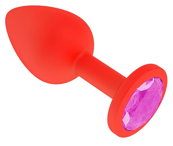 Красная анальная втулка с розовым кристаллом - 7,3 см. - силикон