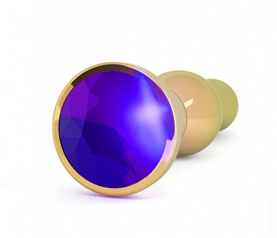 Золотистая анальная пробка с фиолетовым кристаллом - 14 см. - металл