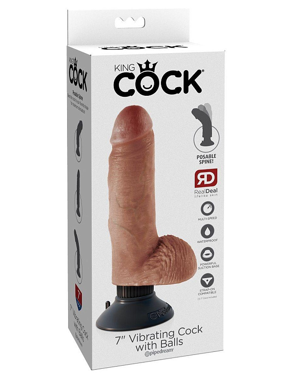 Кофейный вибратор с мошонкой и съемной присоской 7  Vibrating Cock with Balls - 17,8 см. - фото 6