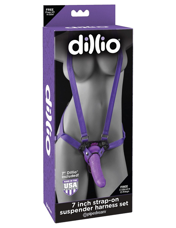 Фиолетовая страпон-система 7  Strap-On Suspender Harness Set с реалистичной насадкой - 19 см. от Intimcat