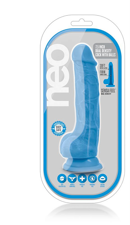 Голубой реалистичный фаллоимитатор на присоске NEO 7.5INCH DUAL DENSITY COCK W. BALLS - 19 см. Blush Novelties