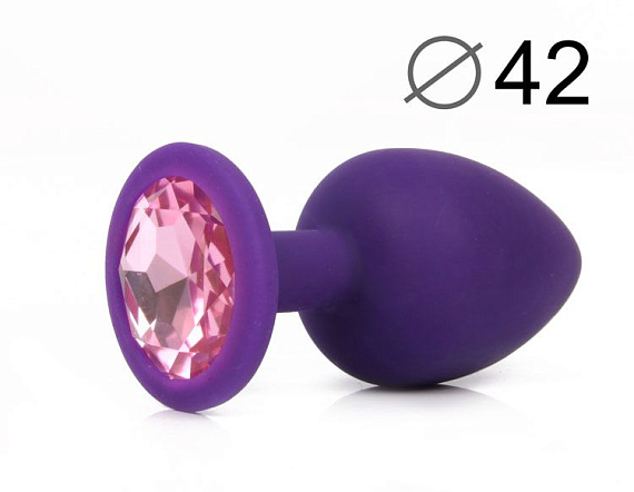Фиолетовая анальная пробка с розовым кристаллом - 9,5 см. - силикон