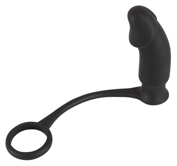Чёрное эрекционное кольцо на пенис и мошонку с анальной вибровтулкой для усиления ощущений от Intimcat