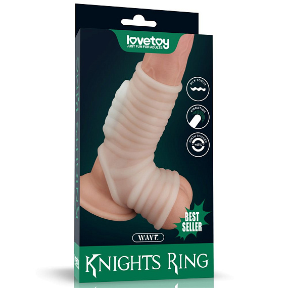 Белая ребристая вибронасадка на пенис Knights Ring с подхватом мошонки Lovetoy