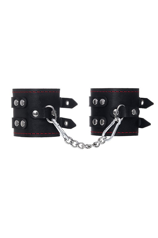 Черные кожаные наручники с двумя ремнями и подкладкой - натуральная кожа