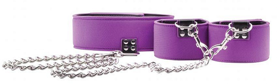 Чёрно-фиолетовый двусторонний ошейник с наручниками Reversible Collar and Wrist Cuffs от Intimcat