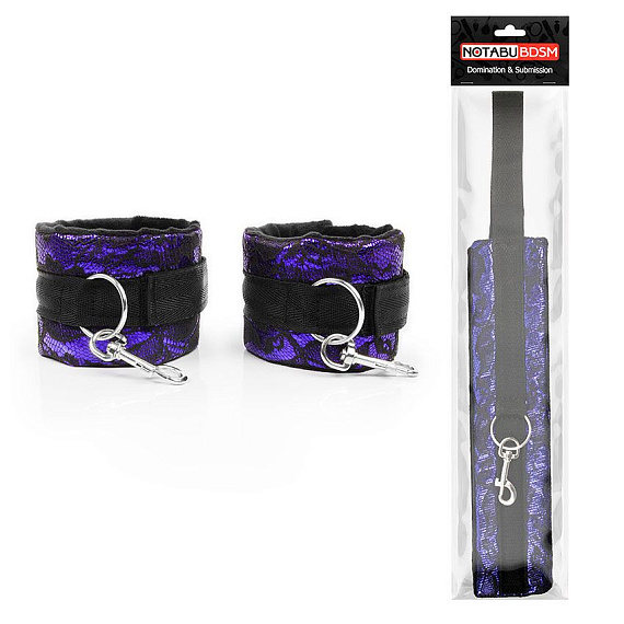 Фиолетово-черные наручники с карабинами - текстиль