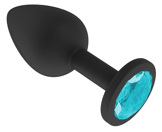 Чёрная анальная втулка с голубым кристаллом - 7,3 см. - силикон