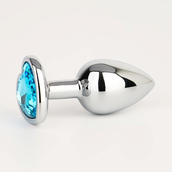 Серебристая анальная пробка с голубым кристаллом в форме сердца - 7 см. - металл