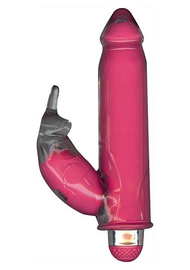 Розовый вибратор с клиторальным стимулятором FUNKY BUNNY - 18,5 см.