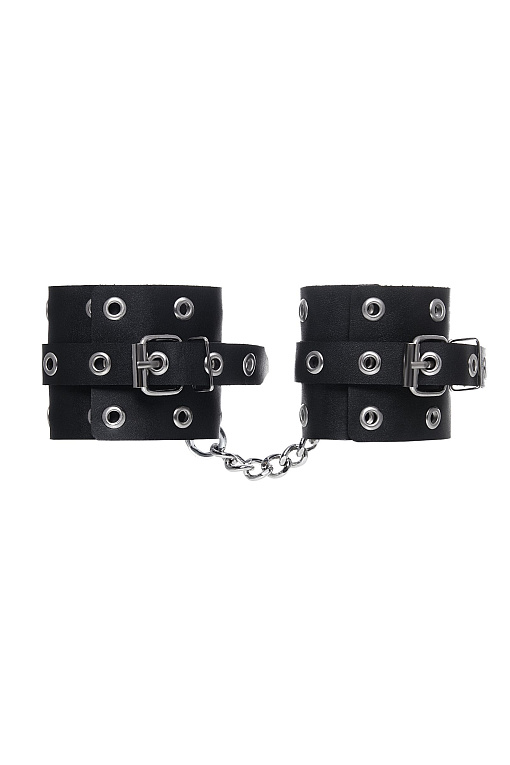 Черные кожаные однослойные наручники с люверсами от Intimcat