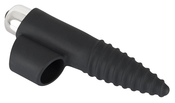 Черная вибронасадка на палец с винтовым наконечником Finger Vibrator - 10,5 см. - силикон